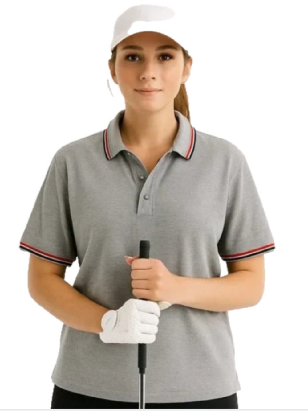 NEW POL Woman's Small Gray Cotton Short Sleeve Polo Shirt Red Black Stripe Trim